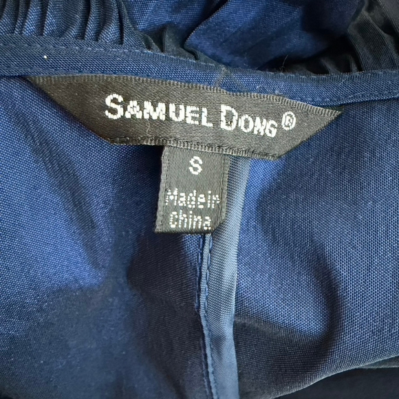 Samuel Dong Blue Satin Wired Ruffle Button Top Blouse Stretch Artsy Chic Size 8 - Picture 13 of 13